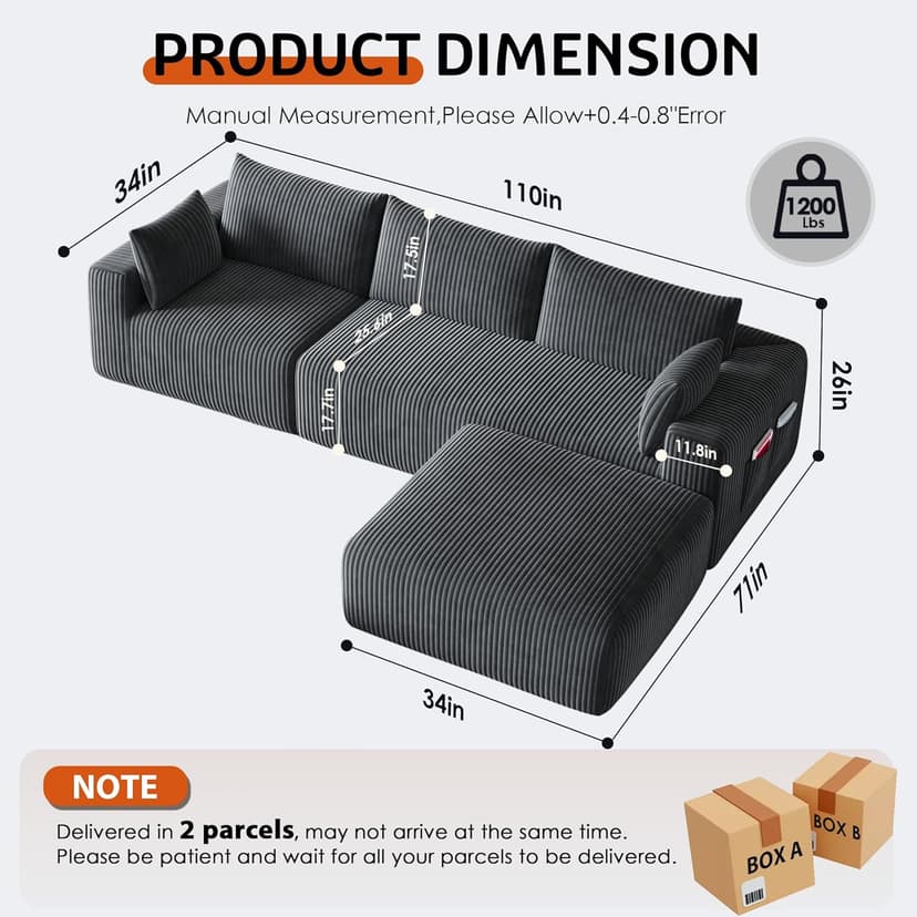 110”Modern Modular L-Shape Couch with Chaise, Modular Sectional Couches for Living Room, Deep Seat Boneless Sofa Bed, No Assembly Required Sleeper Sofa, Plush Corduroy Fabric, Dark Gray
