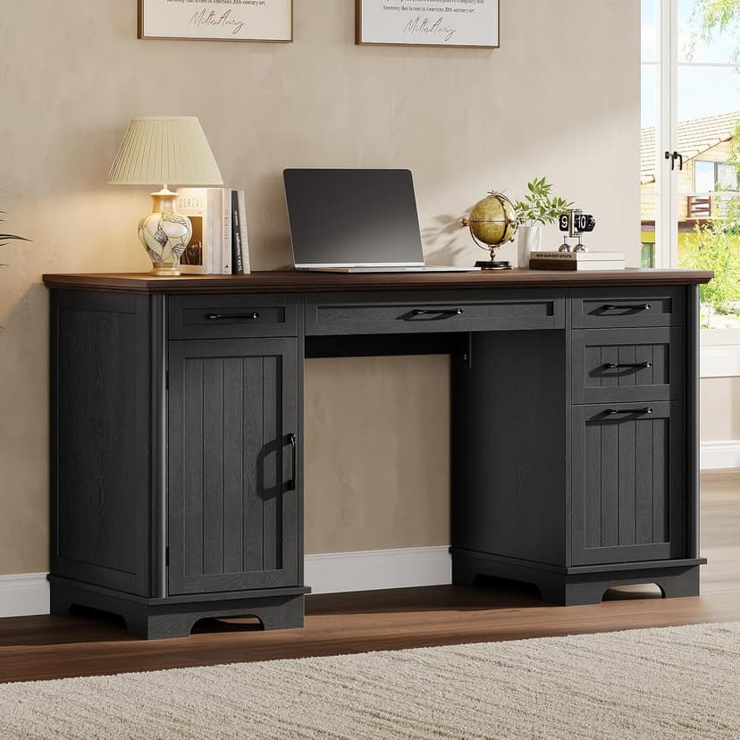 56" Large Modern Executive Desk, Farmhouse Computer Desk with File Drawers, Wood Home Office Desks with Charging Station, Adjustable Shelf, Storage Cabinet, for Writing Work Study (Black)