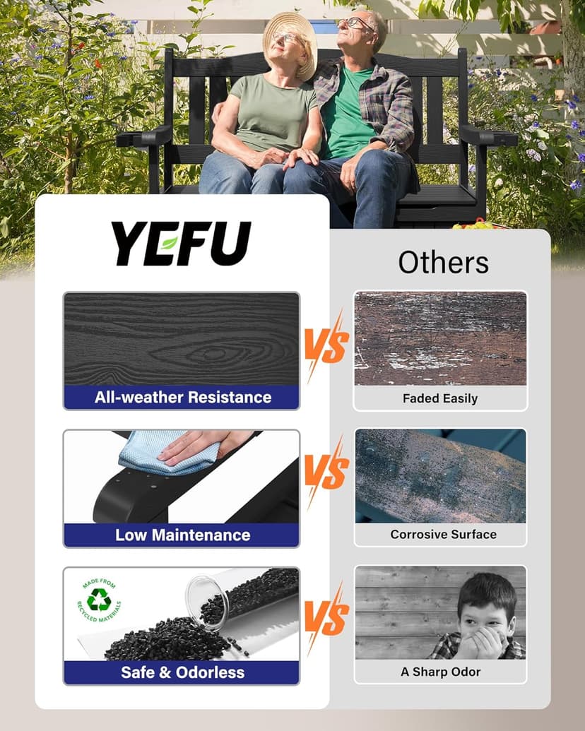 YEFU Outdoor Storage Bench for Patio: Heavy Duty Garden Bench with 96° High Backrest & Oversized Seating - HIPS Weatherproof Patio Bench with Storage for Porch Park Backyard, Black