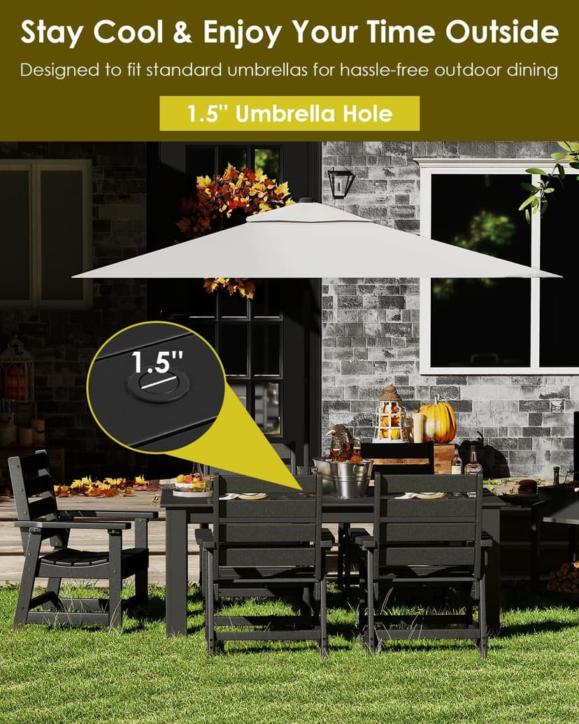 GREENVINES 7-Piece Outdoor-Dining-Set | HDPE Plastic 67'' Table and Chairs Sets for 6 | Patio Furniture | All Weather | Umbrella Hole | Black | for Poolside Garden Backyard