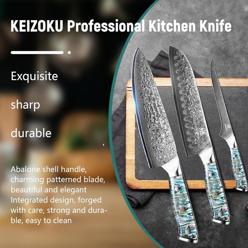 Damascus Steel Santoku Knife 7 Inch, Japanese Professional 10Cr15MOV Blade with Hand Forged Hammer Pattern, Ultra Sharp Kitchen Knife with Abalone Shell Ergonomic Handle