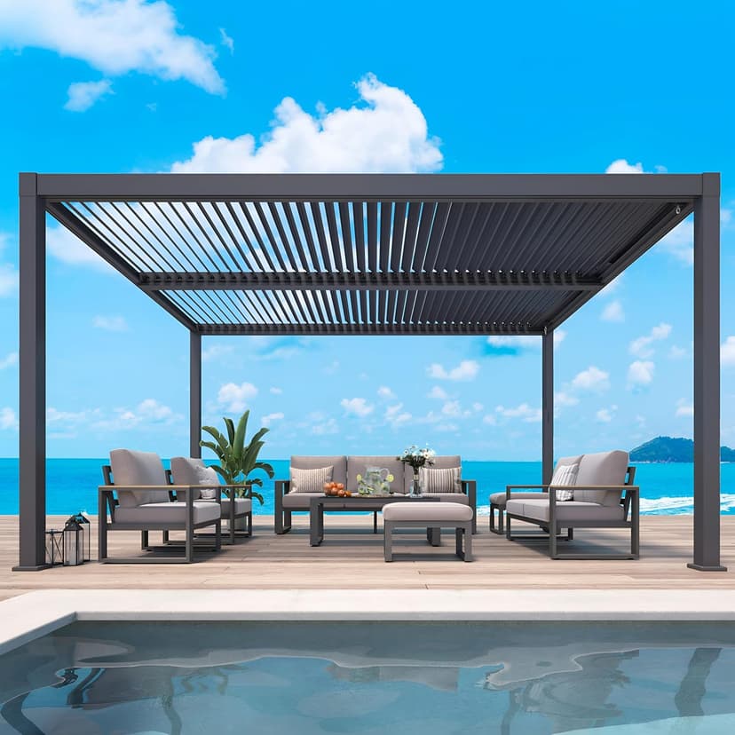 Louvered Pergola 12'x16', Full Aluminum Outdoor Pergola with Adjustable Proof and Gutter System, Metal Hardtop Gazebo for Patio, Deck, Garden, Yard, Black