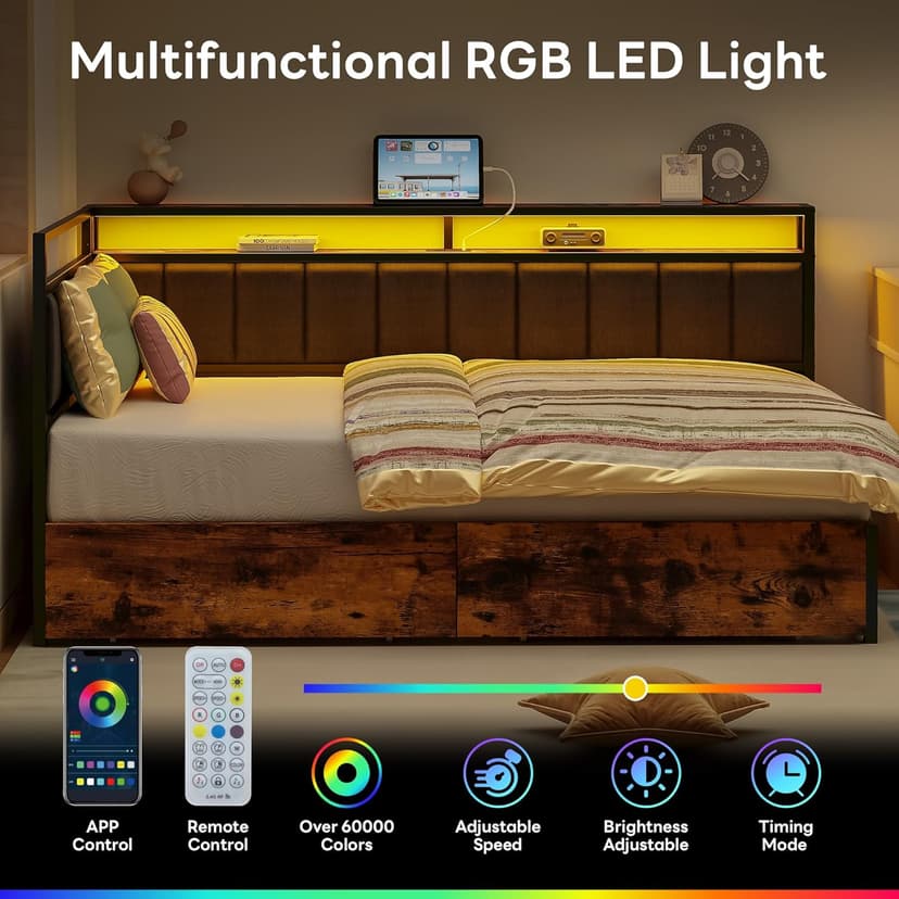LIKIMIO Corner Bed Frame Twin Daybed with Storage Drawers, Metal Platform Bed Frame with LED Light, Charging Station & Fabric Upholstered Fence, Black