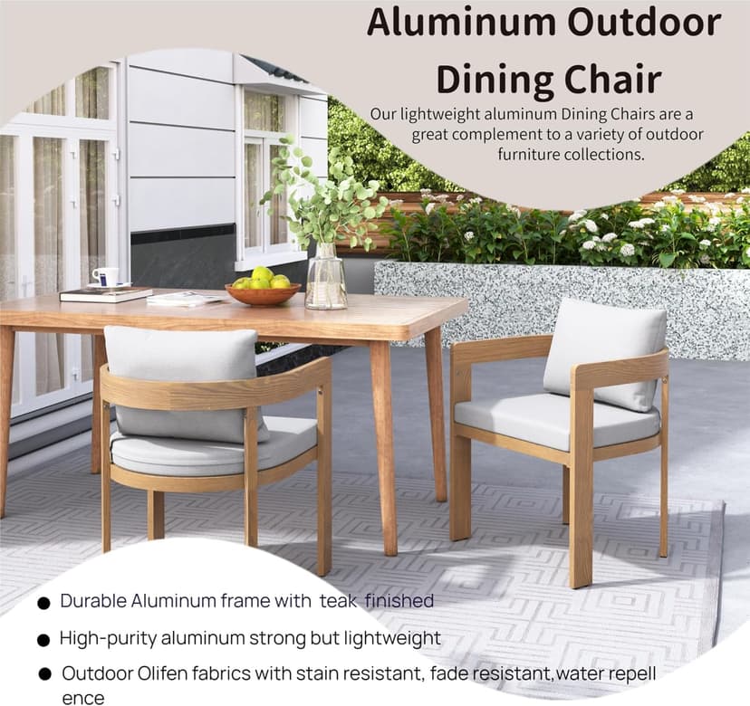 Christopher Knight Home Aluminum Dining Chair Set of 2, Armchairs with Cushions, Barrel Accent Chair, Wood-Like Finish, Comfy Seating Kitchen Side Chair Set for Balcony, Backyard, Garden, Teak