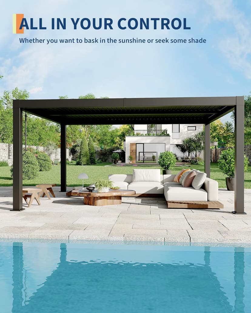 All-Aluminum Louvered Pergola 12' x 16', Outdoor Pergola with Adjustable Louvered Roof, Reinforced Aluminum Frame, Integrated Drainage System, Hardtop Gazebo for Patio, Deck, Gray