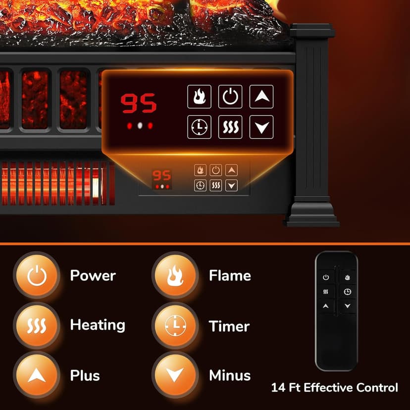 Electric Fireplace Logs 20-Inch, Remote Controller Fireplace Insert Log Heater, Adjustable Flame Colors, Realistic Fake firewood Flame, Overheat Protection, Timer, Thermostat, 1500W Black