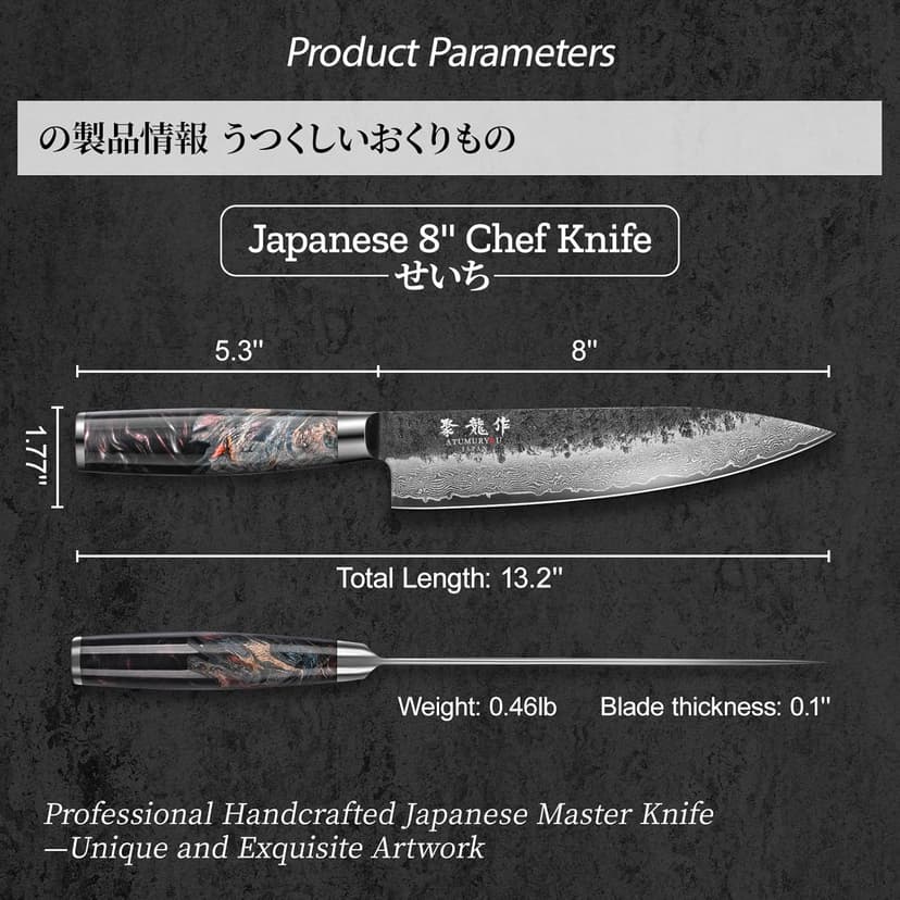 Japanese Chef Knife, 8 Inch Damascus Kitchen Knife with VG10 Steel Core, Professional Black Forged Kitchen Knives with Ergonomic Handle, Leather Sheath & Luxury Gift Box, Birthday Gifts for Men Women
