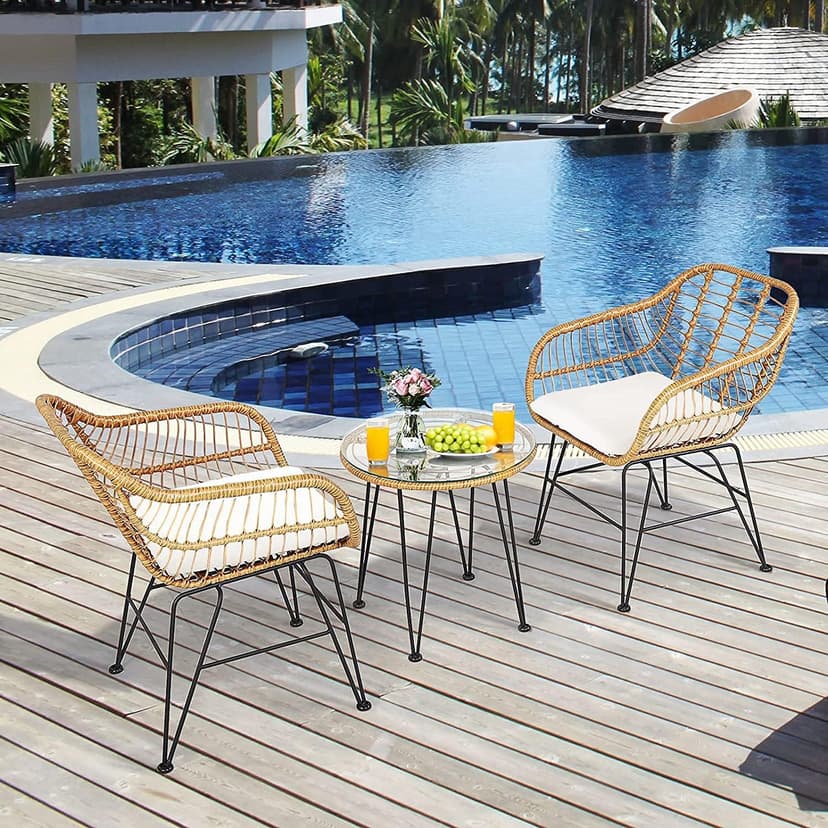 Bistro Table and Chairs Set of 2, Outdoor Patio Rattan Chair & Tempered Glass Coffee Table Set w/Removable Washable Beige Cushion Cafe Set for Indoor Balcony, Poolside, Garden (Pale Brown)