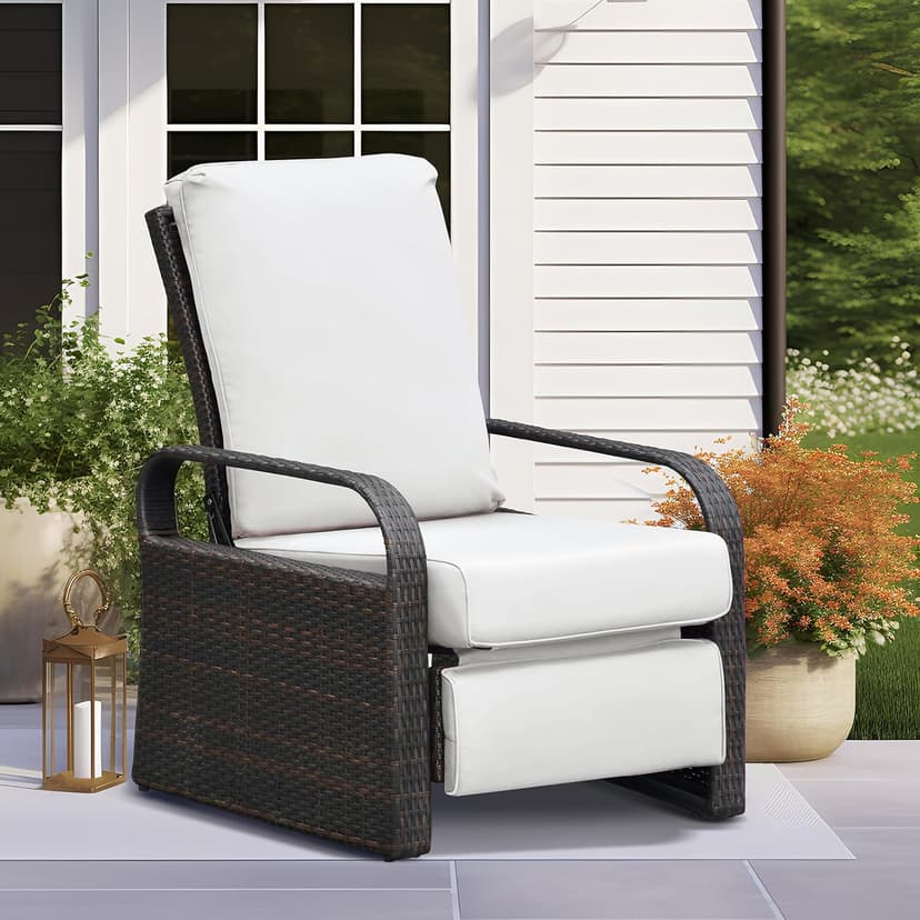 Skypatio Outdoor Recliner Chair, Adjustable All-Weather Wicker Oversized Patio Reclining Chair, Aluminum Patio Rattan Armchair with Thick Cushion for Porch, Balcony, Indoor