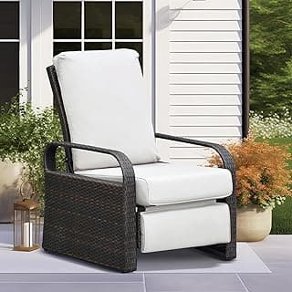 Skypatio Outdoor Recliner Chair, Adjustable All-Weather Wicker Oversized Patio Reclining Chair, Aluminum Patio Rattan Armchair with Thick Cushion for Porch, Balcony, Indoor