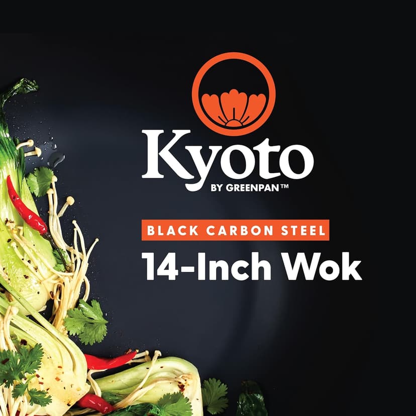 GreenPan Carbon Steel Wok 14”, Flat Bottom, Durable Stir-Fry Pan, Pre-Seasoned Nonstick Patina, High Heat Retention, Induction, Ash Wood Handle, Kyoto, Black