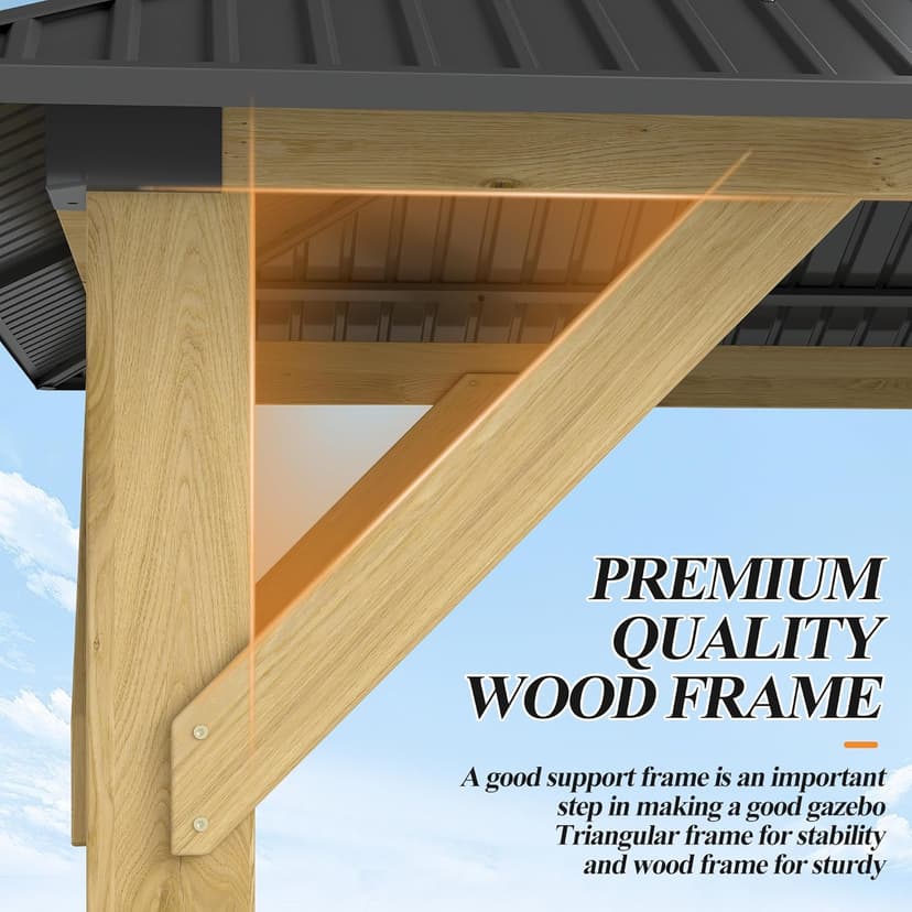 10' x 12' Outdoor Wooden Gazebo - Patio Hardtop Gazebo Permanent Wooden Pavilion with Galvanized Steel Double Roof, Wood Gazebos for Garden, Lawn, Poolside, Backyard Deck