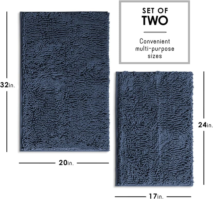 Hearth & Harbor Bathroom Rugs Sets 2 Piece, Chenille Bath Mat Set - Machine Washable Bath Mats for Bathroom Non-Slip Backing Rubber Quick Dry Bathroom Mat - Navy Bath Rug, 17x24-20x32
