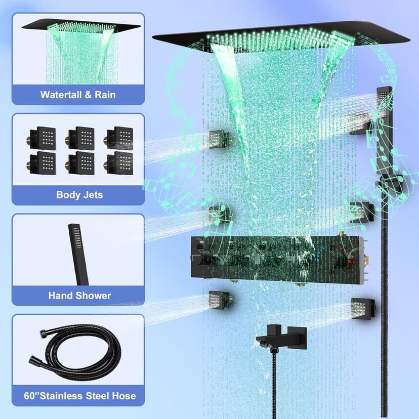 23" Full Body Thermostatic Shower System with Body Jets, Luxury LED Music Rainfall Waterfall Shower Jets System In Wall, Smart Ceiling Mount Multi Function Rain Shower Faucet Set