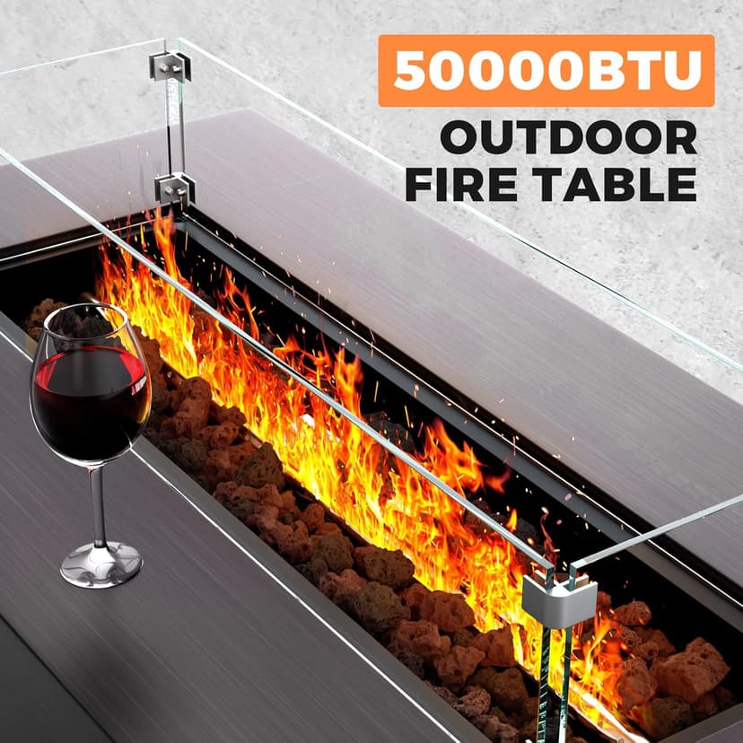42” Rectangular Fire Pit Tables 2-Piece 50,000 BTU Outdoor Propane Gas Fire Pit with Wind Guard, Waterproof Cover, Lava Rocks for Outside Patio Backyard