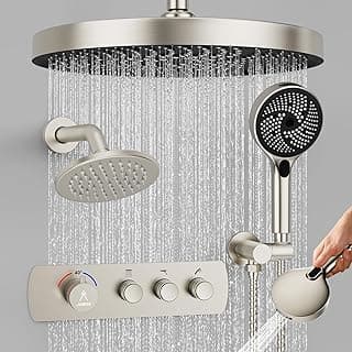 Shower System Brass Thermostatic Shower Faucet Set With Valve and Diverter Shower Mixer with 2 Rain Shower Head and Multi-function Handheld Head（Brushed Nickel）