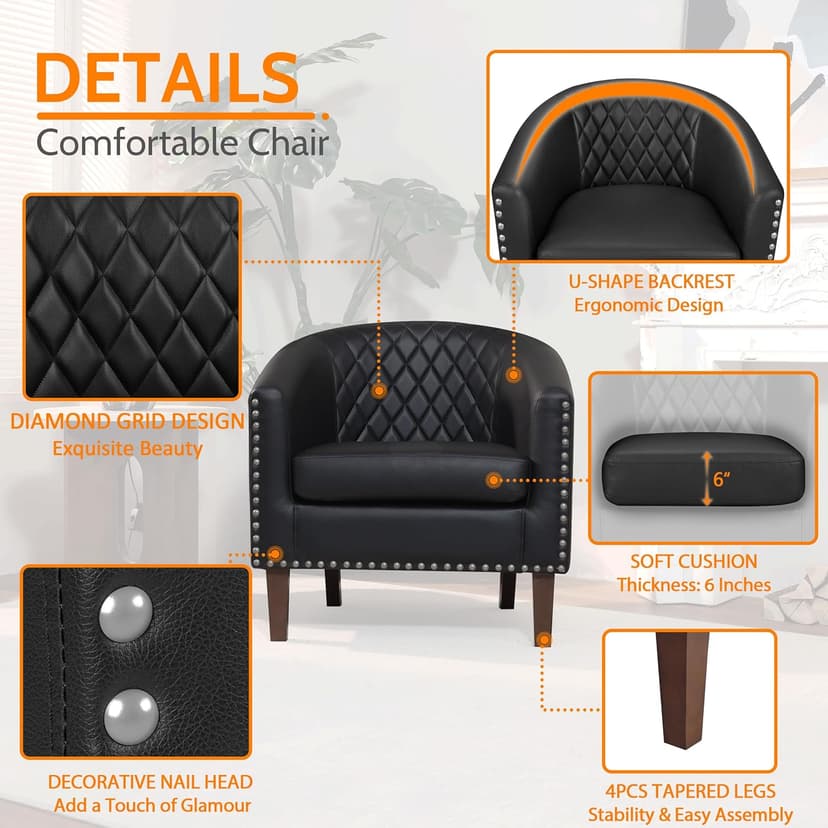 PrimeZone Barrel Chair Set of 2, Comfy Accent Chair, Faux Leather Living Room Chairs Club Chair with Cushion, Nailhead Trim and Diamond Grid Backrest, Reading Chair for Bedroom Waiting Room, Black