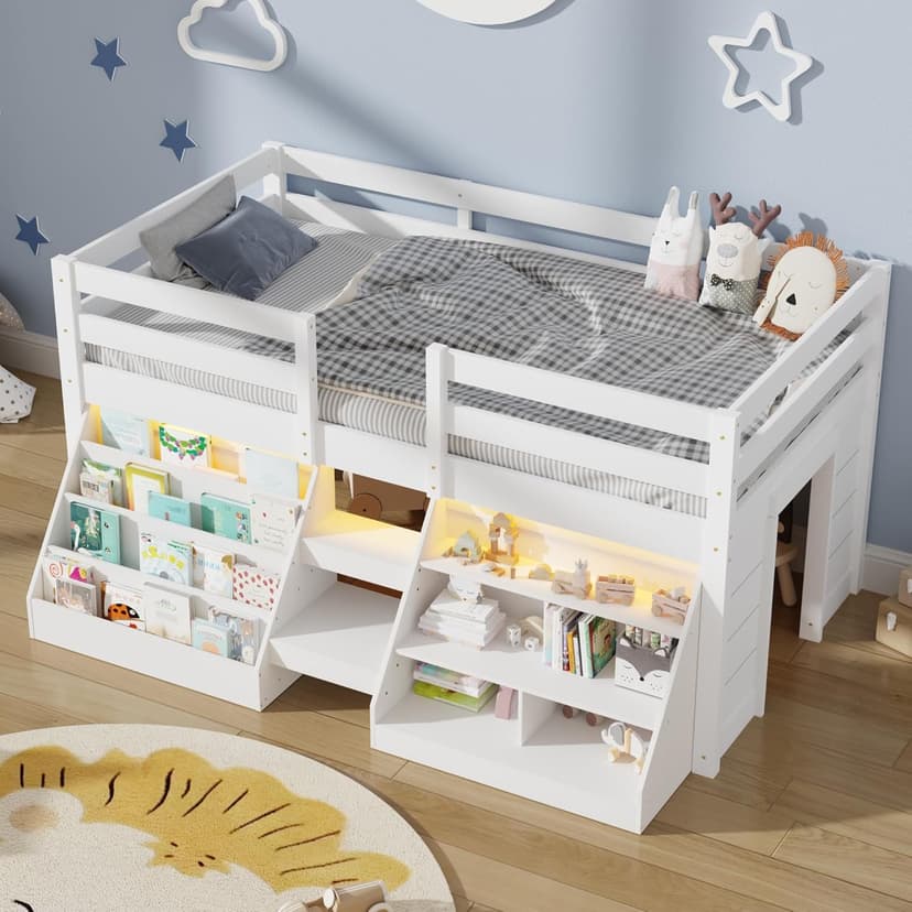 Twin Size Low Loft Bed with Stairs for Kids, Wooden Twin Loft Bed with LED Light & Safety Guardrail & Bookcase & Under-Bed Play Space, White