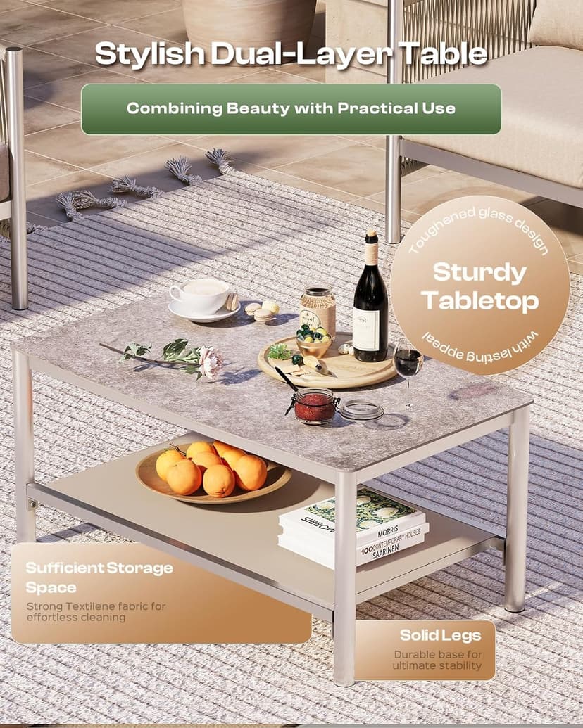 Aluminum Outdoor Patio Furniture Set, HDPE Rope 5 Piece Modern Sectional Conversation Sets with Dual-Layer Coffee Table, All Weather Patio Couch Sofa with Thick Cushions, Silver Frame, Beige