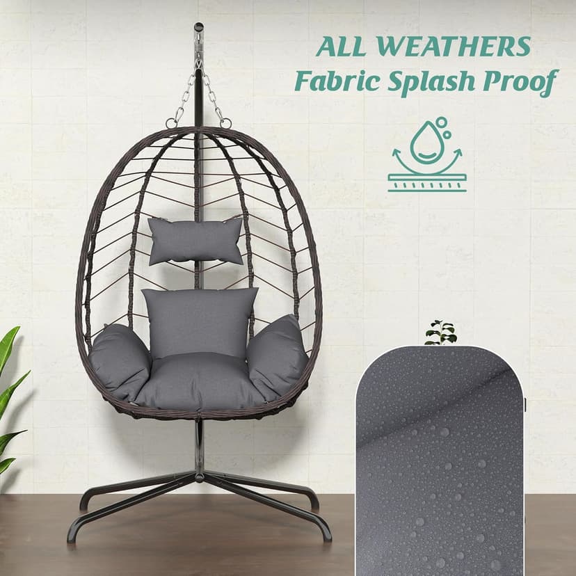 Egg Chair with Stand, Patio Wicker Hanging Chair, Hammock Swing Chair, 350LBS Capacity for Bedroom, Balcony(BR-GR)