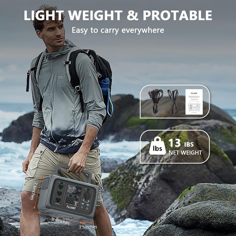 ALLWEI LiFePO4 Portable Power Station 500W(Peak 1000W), 512Wh Solar Generator with UPS Function, 2.5Hrs Fast Charge, 160000mAh Home Battery Backup for CPAP Outdoor RV/Van Camping Emergency