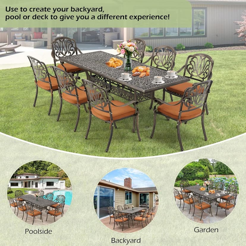 [Hi-End]Cast Aluminum Patio Furniture Set 9-Piece Outdoor Dining Set Includes 86.6’’ Rectangular Patio Table with Umbrella Hole and 8 Cushioned Dining Chairs,Rust-Free for Patio Deck Garden Pool