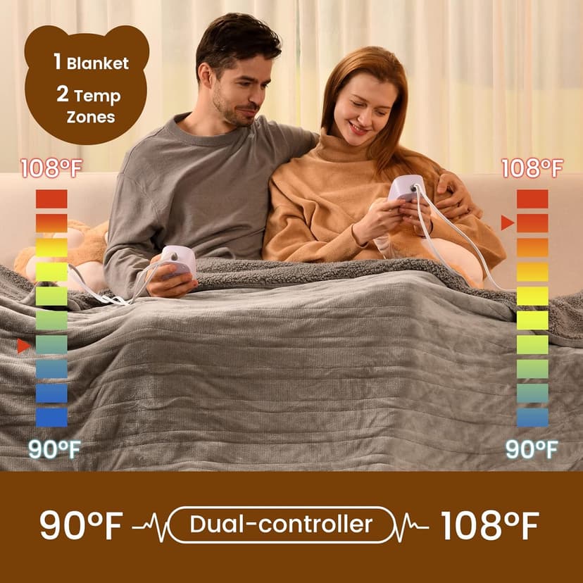 Bearhug Electric Blanket King Size 100" x 90", Dual Controller Heated Blanket, Velvet & Sherpa, 10-Heat Levels & 1-12H Auto Off, Over-Heat Protect, ETL, Machine Washable