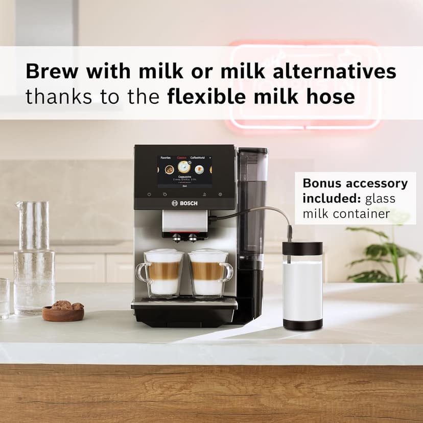 BOSCH 800 Series Fully Automatic Espresso and Coffee Machine – 36 Drinks with Coffee World, Cold Brew, Double Cup, Milk Hose, Glass Milk Container, in Metallic Silver TPU60501