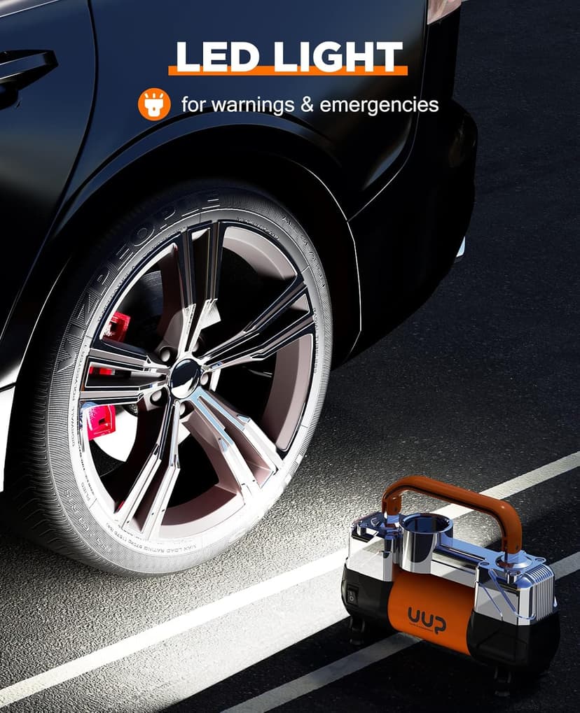 Tire Inflator Air Compressor, 150PSI 12V DC Double Cylinders Heavy Duty Portable Air Pump w/Emergency LED Light for Truck, SUV, Car, RV