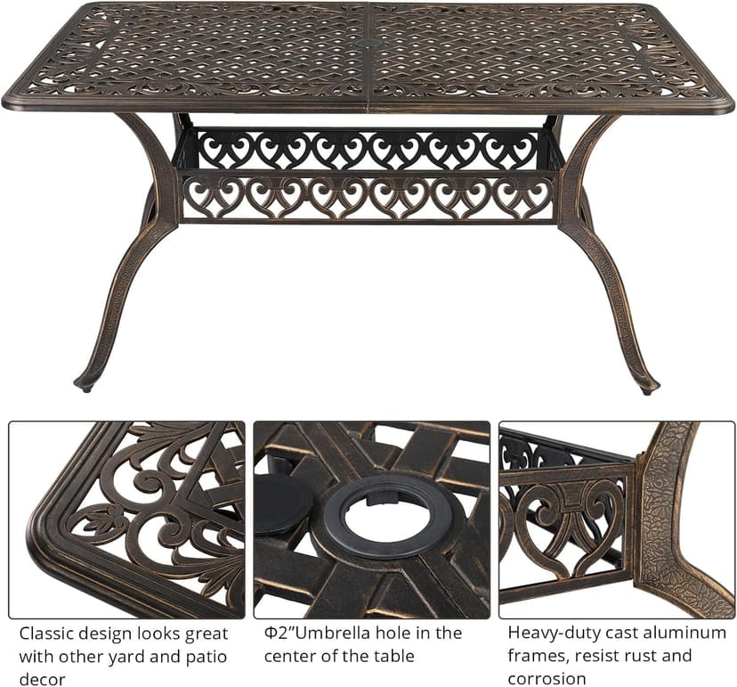 VINGLI 7-Piece Outdoor Dining Set, Cast Aluminum Patio Furniture Set for 6 with Umbrella Hole, Rectangular Outdoor Dining Table & 6 Stackable Chairs, All-Weather Garden/Poolside Dining Set Bronze