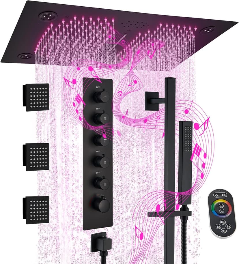 MONDAWE 28 Inch Flush-Mounted Thermostatic Shower System in Matte Black, 64 Colors LED and Bluetooth Control Music Rainfall Shower Head, Handheld Spray and Body Jets, High Pressure Shower Faucet Set