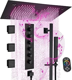 MONDAWE 28 Inch Flush-Mounted Thermostatic Shower System in Matte Black, 64 Colors LED and Bluetooth Control Music Rainfall Shower Head, Handheld Spray and Body Jets, High Pressure Shower Faucet Set