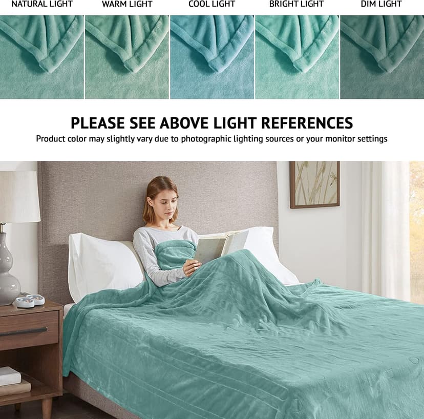 Beautyrest Heated Electric Blanket for Cold Weather, Fast Heating Heated Blanket, Auto Shut Off, Virtually Zero EMF, Multi Heat Setting, UL Certified, Aqua Queen (90 inx84 in)