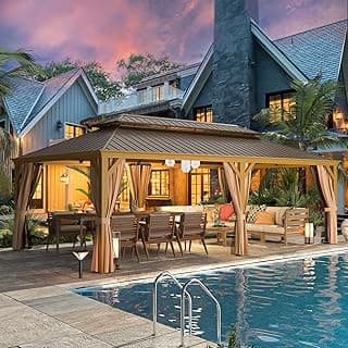 MELLCOM 14'x24' Gazebo, Wooden Finish Coated Aluminum Frame Pergola with Double Galvanized Steel Hardtop Roof, Outdoor Permanent Metal Pavilion with Curtains and Nettings for Patio, Backyard and Deck