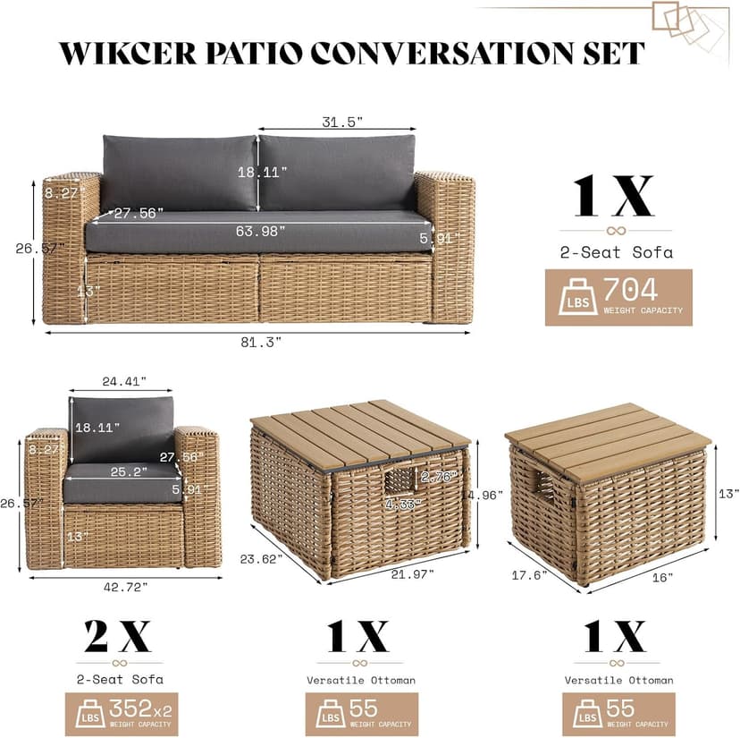 AMERLIFE 6-Piece Patio Sofa Set with Convertible Coffee Table - 8.3" Wide Armrests, UV-Resistant PE Rattan Outdoor Conversation Set for Balcony/Poolside, Waterproof Grey Cushions, Heavy-Duty Wicker