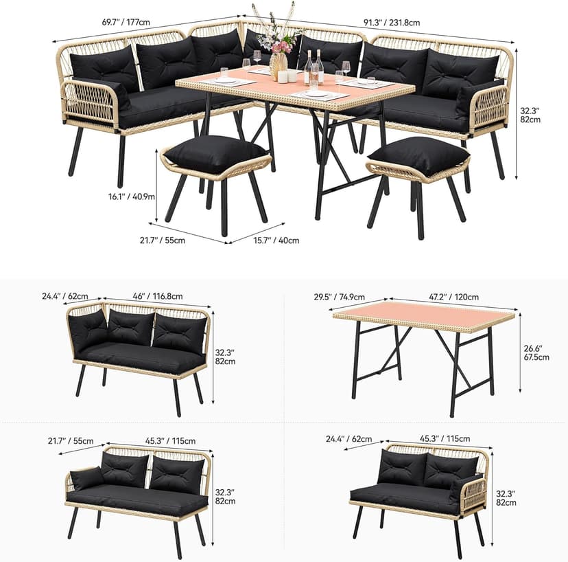 YITAHOME Patio Wicker L-Shaped Furniture Set, All-Weather Rattan Outdoor Conversation Sofa Set for Backyard Deck with Soft Cushions,Ottomans and Plastic Wood Dining Table (Light Brown+Black)