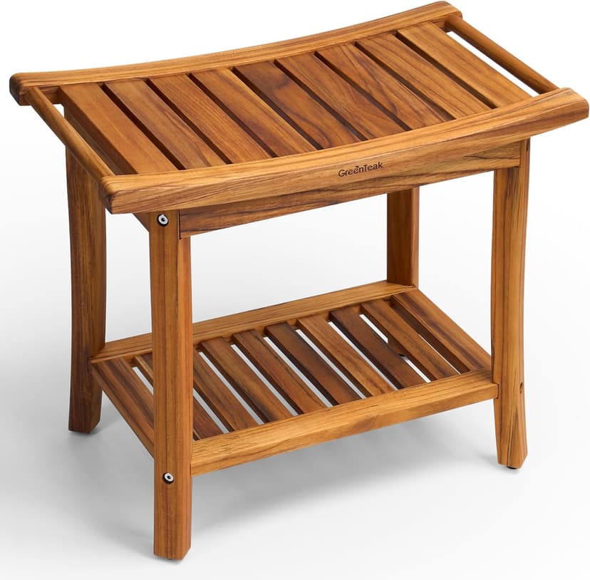 Premium 22" Teak Shower Bench with Handles, Waterproof Teak Shower Stool, Wooden Stool for Bathroom, Teak Wood Shower Bench Stool Seat Chair for Shower Storage Shelf, 300 Lbs Capacity