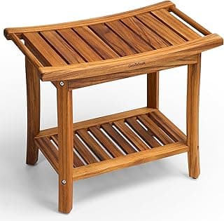 Premium 22" Teak Shower Bench with Handles, Waterproof Teak Shower Stool, Wooden Stool for Bathroom, Teak Wood Shower Bench Stool Seat Chair for Shower Storage Shelf, 300 Lbs Capacity