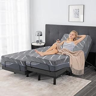 Split King Adjustable Bed Frame with Mattress, 12 Inch Grey Gel Memory Foam Medium-Firm Mattress in Box, Easy Assembly Adjustable Bed Base with Wireless Remote, Smart Electric Bed Frame