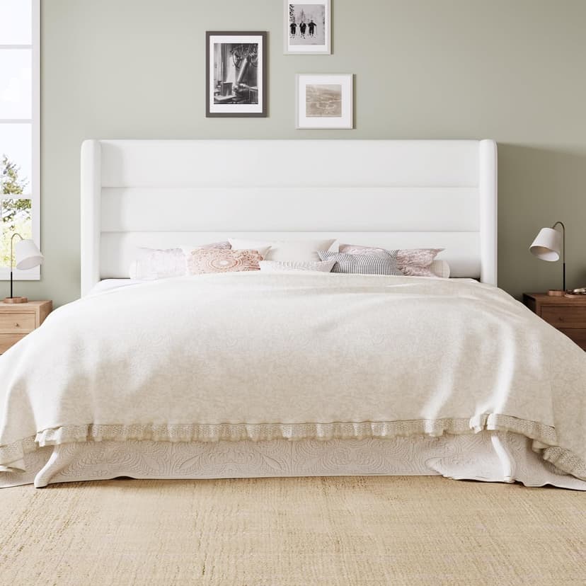 Allewie Queen Size Platform Bed Frame with Velvet Upholstered Wingback Headboard, No Box Spring Needed, Under Bed Storage Space, Strong Wooden Slats, Modern Mattress Foundation, Easy Assembly, White