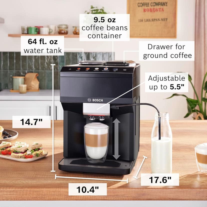 Bosch 500 Series Fully Automatic Espresso Machine – Touch Control Panel, Milk Hose, Ceramic Grinder, Uses Beans & Ground Coffee, 9 One-Touch Drinks, in Black TPU40109