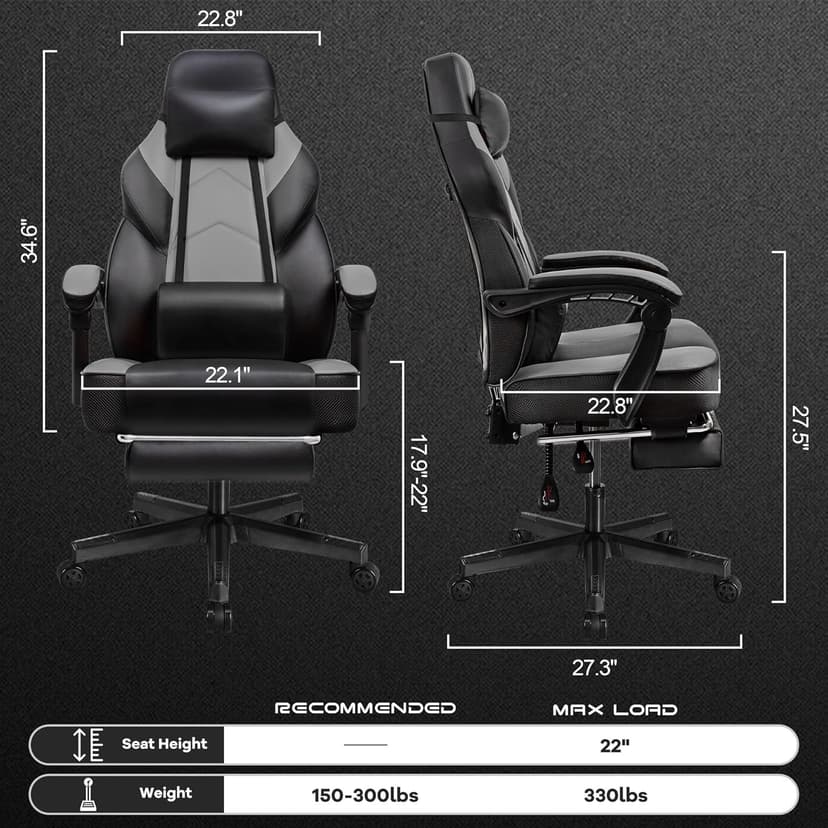 Meilocar Gaming Chair for Adult, Computer Chair with Footrest Video Game Chair Big and Tall Gaming Chair with Massage Lumbar Support, Adjustable Height and 360° Swivel Seat(Grey)