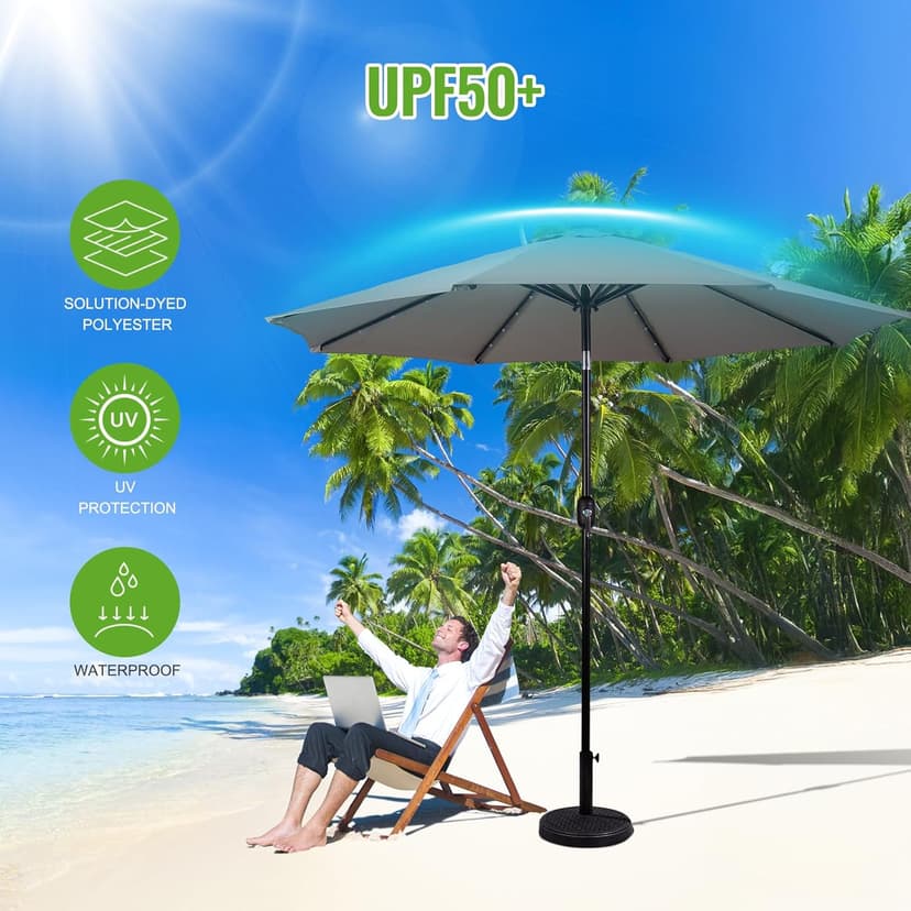 Backyard Expressions 9ft Solar Patio Umbrella with 32 LED Lights - Beige – Outdoor Market Umbrella with Tilt & Crank, Solar-Powered Lighting
