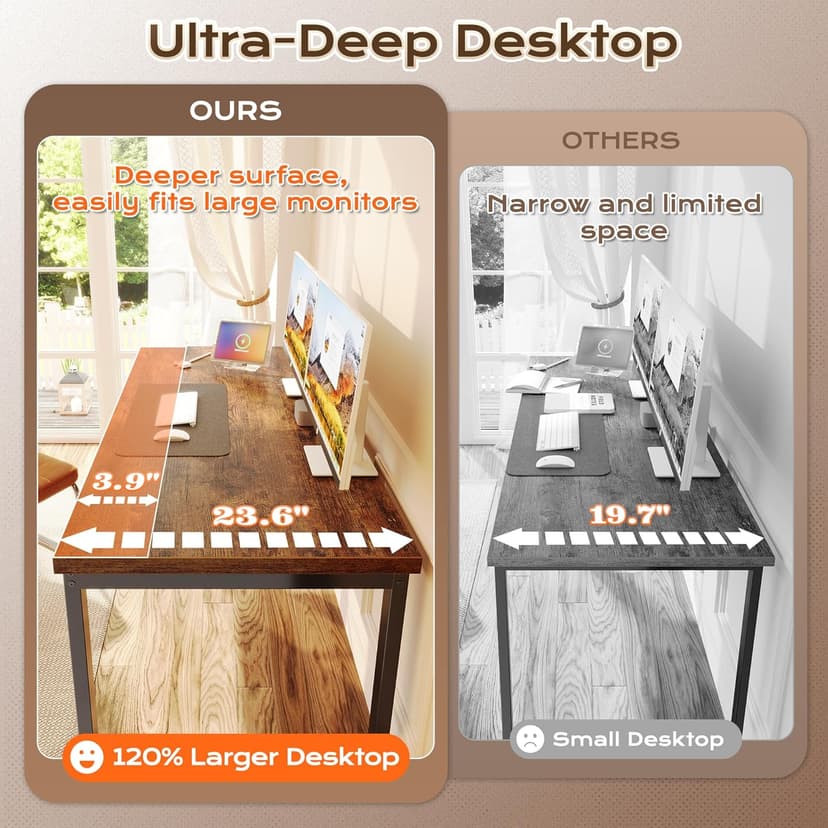 Huuger 55 x 24 inch Desk with Power Outlets & USB-C, Deeper & Thicker Desktop, Robust Metal Tubes, Computer Desk, Heavy Duty Office Desk, Work Gaming Desk for Home Office, Rustic Brown