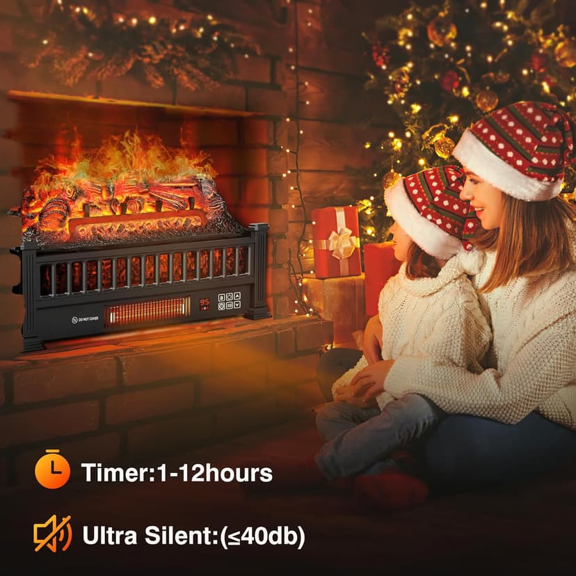 Electric Fireplace Logs 20-Inch, Remote Controller Fireplace Insert Log Heater, Adjustable Flame Colors, Realistic Fake firewood Flame, Overheat Protection, Timer, Thermostat, 1500W Black