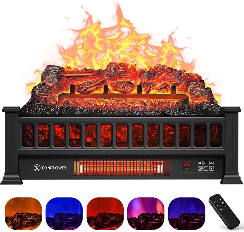 Electric Fireplace Logs 20-Inch, Remote Controller Fireplace Insert Log Heater, Adjustable Flame Colors, Realistic Fake firewood Flame, Overheat Protection, Timer, Thermostat, 1500W Black