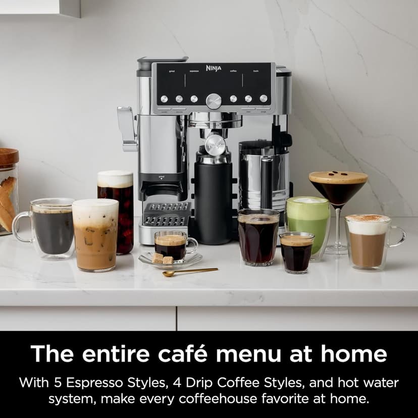Ninja Luxe Café Pro Series, Espresso Machine, Drip Coffee, Cold Brew, Hot Water, Integrated Tamper, Built-in Grinder, Hands-Free Frother for Cappuccinos, Lattes, Americanos, Dairy or Non-Dairy, ES701