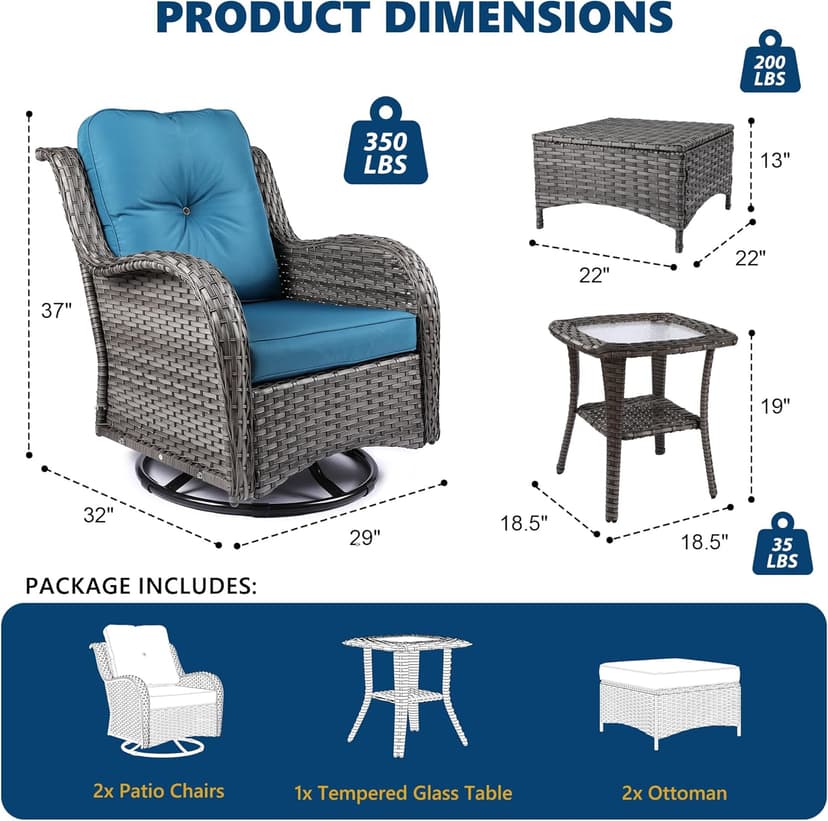 5 Piece Patio Furniture Set, Outdoor Swivel Chair Sets with Thick Cushion, Side Table and Ottoman, Wicker Patio Conversation Set for Deck Porch Sunroom