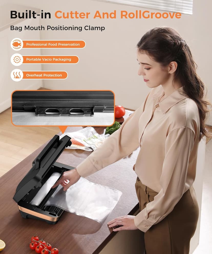 95kpa Vacuum Sealer Machine,Commercial Full Automatic Food Sealer,10-in-1 Sealing System with Double Heat Seal,Bags Storage, Easy-Lock Handle,Build-in Cutter,1 Bag Rolls and 10 pcs Pre-cut Bags