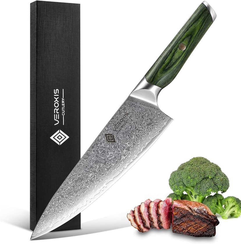 Damascus Chef Knife 8 Inch, Professional Japanese Kitchen Knives Sharp High Carbon Super Steel with Ergonomic Pakkawood Handles, Elegant Gift Box Packaging